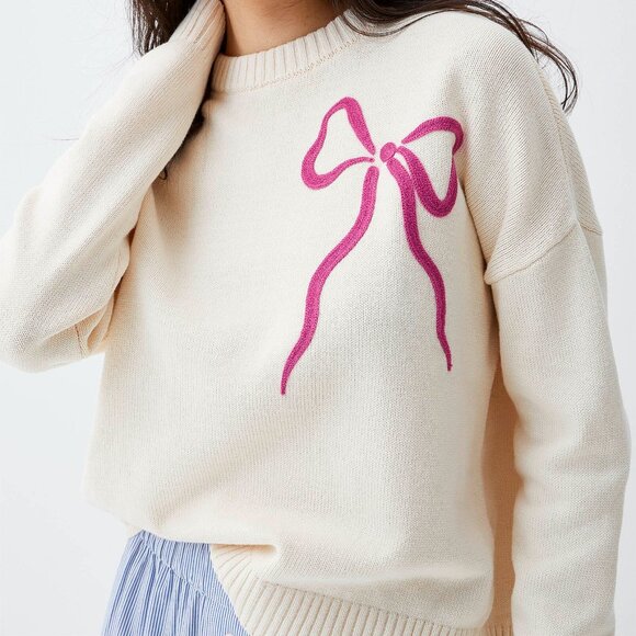 Ivory/Cream Beige Pink Embroidered Bow Sweater - Picture 1 of 3